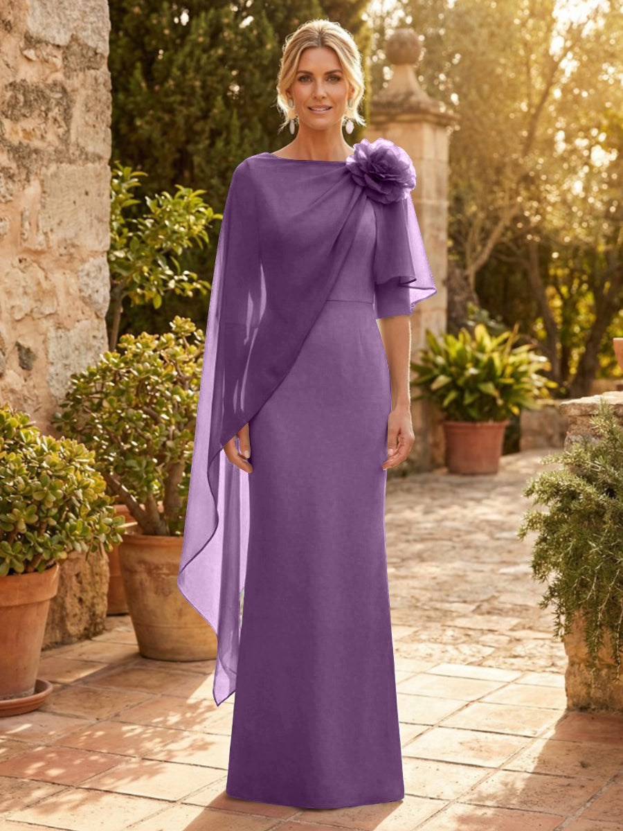 Sheath Satin 3/4 Sleeves Maxi Mother of the Bride & Groom Dresses with Chiffon Cape (SHI22500709)