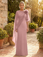Sheath Satin 3/4 Sleeves Maxi Mother of the Bride & Groom Dresses with Chiffon Cape (SHI22500709)