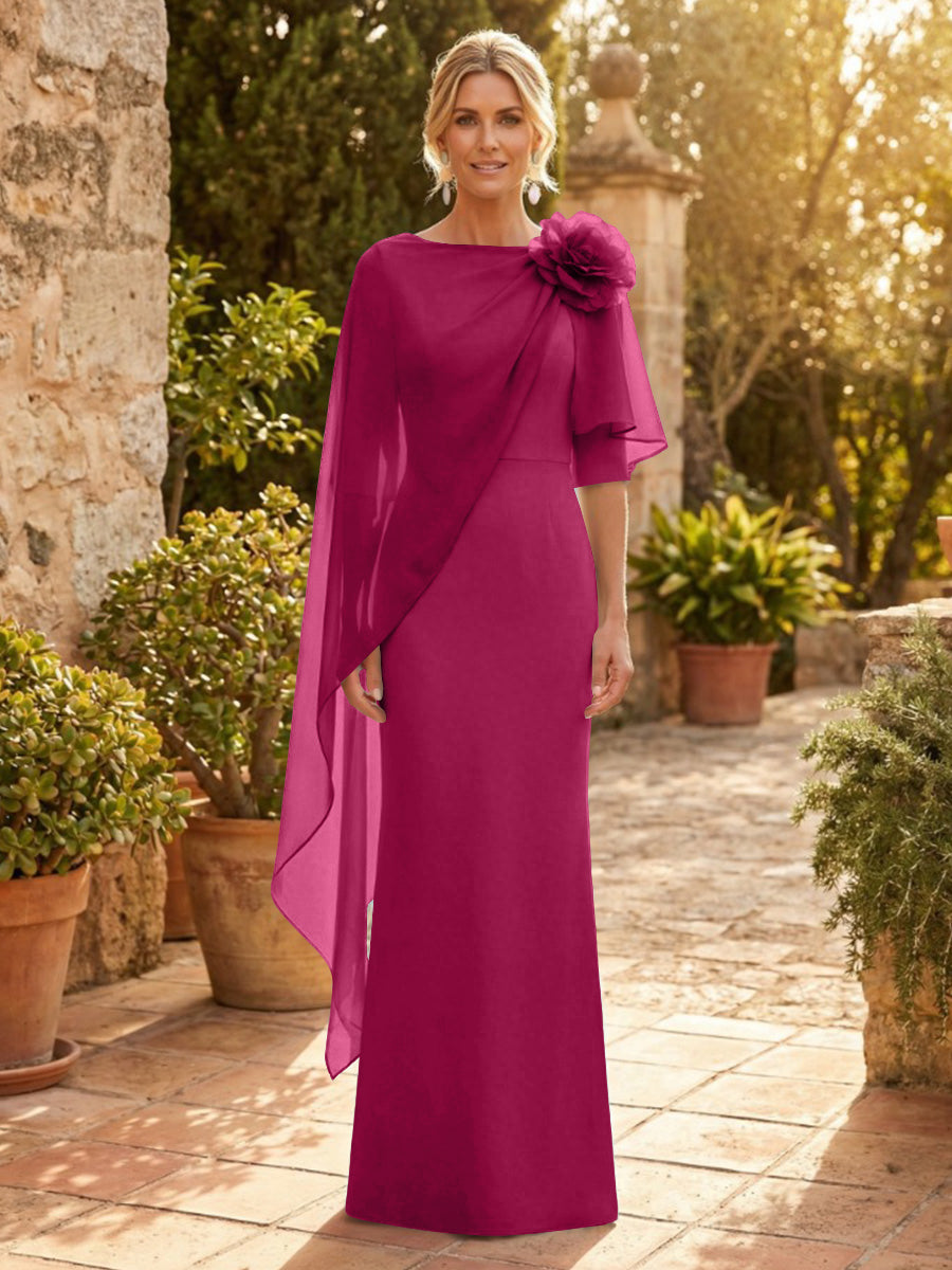 Sheath Satin 3/4 Sleeves Maxi Mother of the Bride & Groom Dresses with Chiffon Cape (SHI22500709)