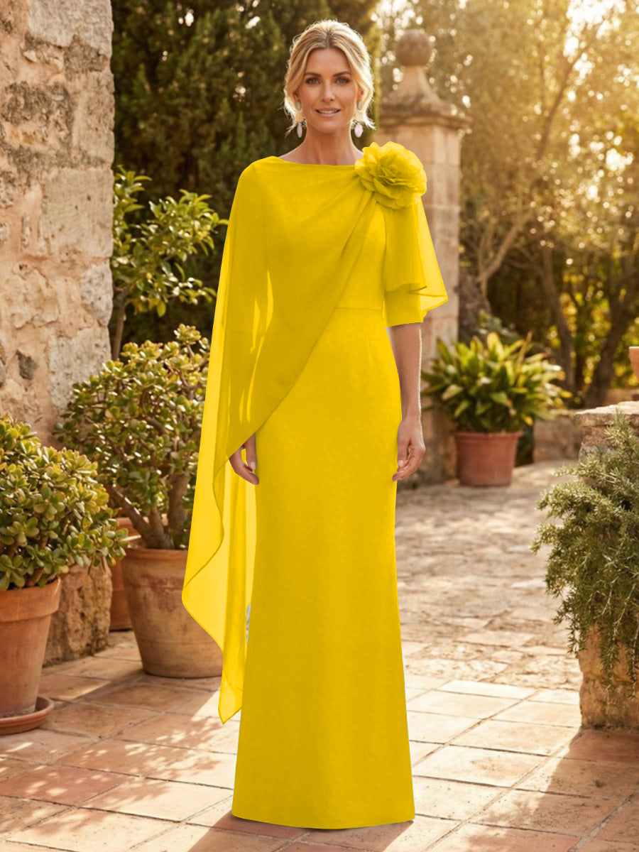 Sheath Satin 3/4 Sleeves Maxi Mother of the Bride & Groom Dresses with Chiffon Cape (SHI22500709)