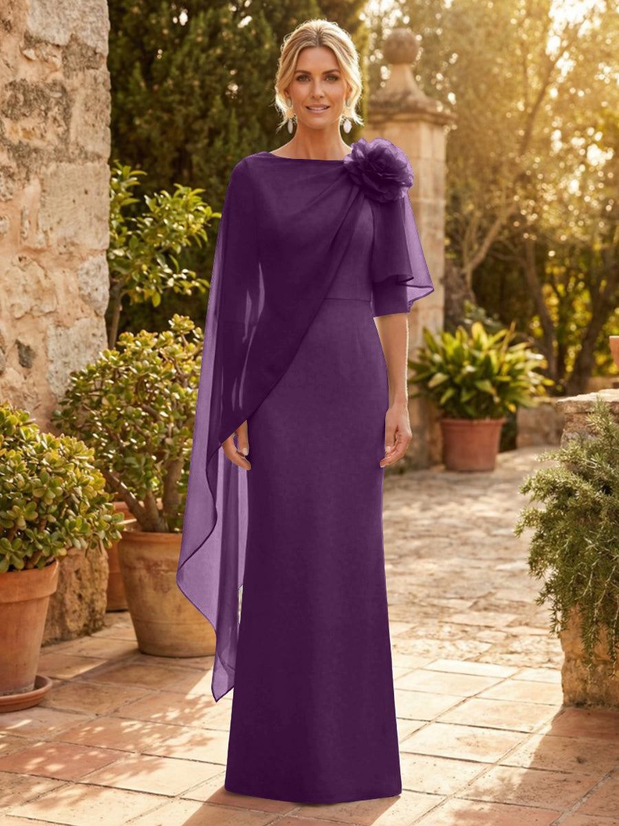Sheath Satin 3/4 Sleeves Maxi Mother of the Bride & Groom Dresses with Chiffon Cape (SHI22500709)