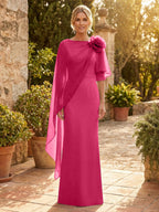 Sheath Satin 3/4 Sleeves Maxi Mother of the Bride & Groom Dresses with Chiffon Cape (SHI22500709)
