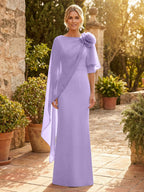 Sheath Satin 3/4 Sleeves Maxi Mother of the Bride & Groom Dresses with Chiffon Cape (SHI22500709)