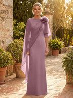 Sheath Satin 3/4 Sleeves Maxi Mother of the Bride & Groom Dresses with Chiffon Cape (SHI22500709)