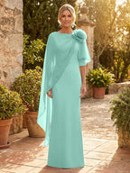 Sheath Satin 3/4 Sleeves Maxi Mother of the Bride & Groom Dresses with Chiffon Cape (SHI22500709)