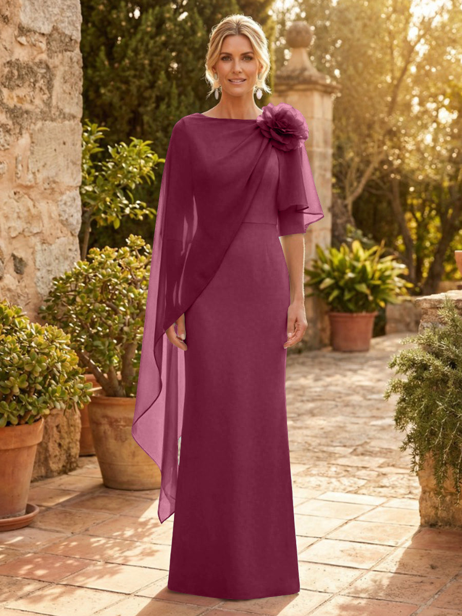 Sheath Satin 3/4 Sleeves Maxi Mother of the Bride & Groom Dresses with Chiffon Cape (SHI22500709)