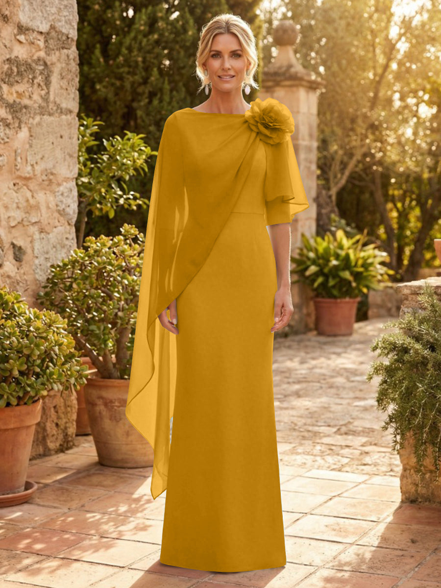 Sheath Satin 3/4 Sleeves Maxi Mother of the Bride & Groom Dresses with Chiffon Cape (SHI22500709)