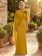 Sheath Satin 3/4 Sleeves Maxi Mother of the Bride & Groom Dresses with Chiffon Cape (SHI22500709)