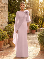 Sheath Satin 3/4 Sleeves Maxi Mother of the Bride & Groom Dresses with Chiffon Cape (SHI22500709)
