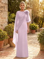 Sheath Satin 3/4 Sleeves Maxi Mother of the Bride & Groom Dresses with Chiffon Cape (SHI22500709)