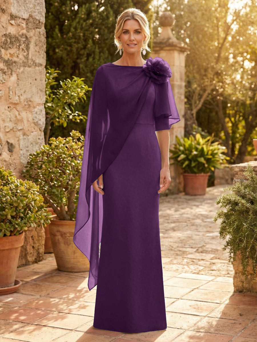 Sheath Satin 3/4 Sleeves Maxi Mother of the Bride & Groom Dresses with Chiffon Cape (SHI22500709)