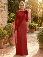 Sheath Satin 3/4 Sleeves Maxi Mother of the Bride & Groom Dresses with Chiffon Cape (SHI22500709)