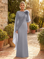 Sheath Satin 3/4 Sleeves Maxi Mother of the Bride & Groom Dresses with Chiffon Cape (SHI22500709)
