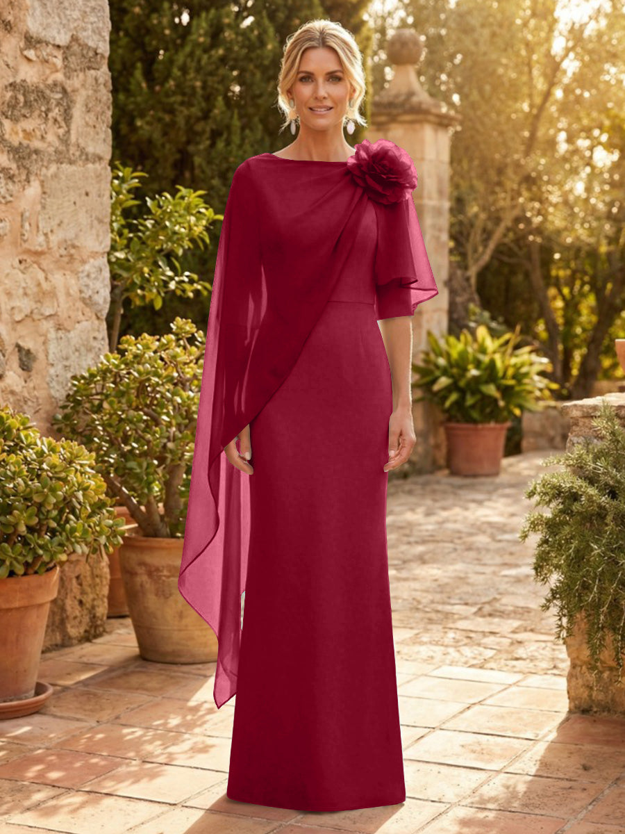 Sheath Satin 3/4 Sleeves Maxi Mother of the Bride & Groom Dresses with Chiffon Cape (SHI22500709)