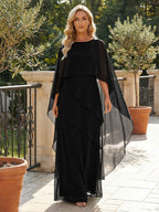 A-Line Chiffon Long Mother of the Bride & Groom Dresses with Cape Sleeves (SHI22500721)