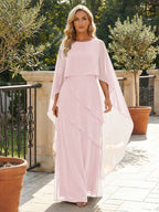 A-Line Chiffon Long Mother of the Bride & Groom Dresses with Cape Sleeves (SHI22500721)