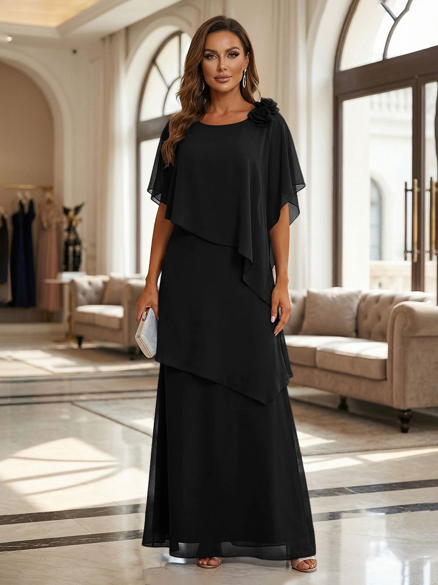 A-Line Floor-Length Chiffon Cape Sleeves Mother of the Bride & Groom Dresses with Tiered Ruffles (SHI22500723)