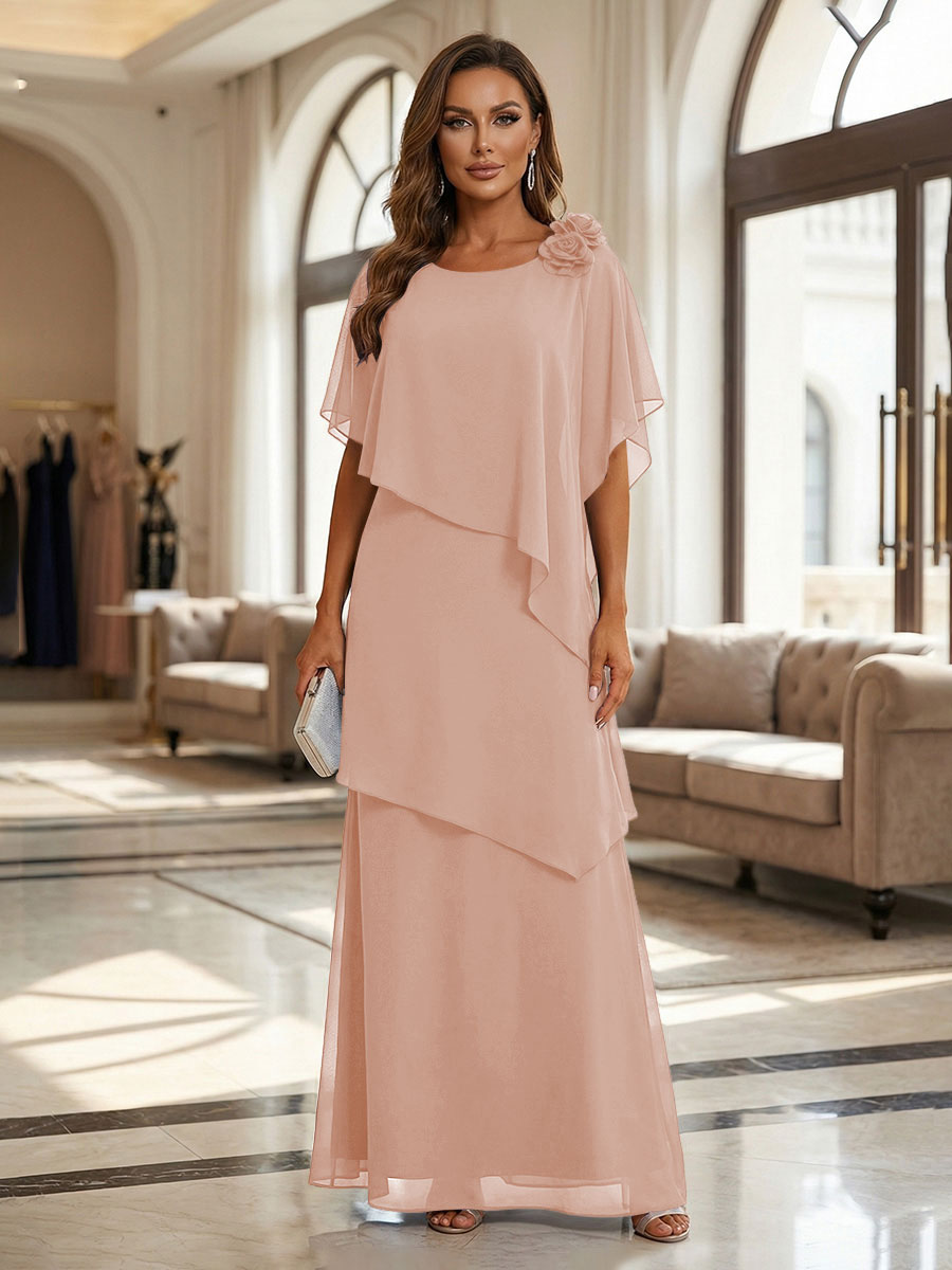 A-Line Floor-Length Chiffon Cape Sleeves Mother of the Bride & Groom Dresses with Tiered Ruffles (SHI22500723)