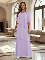 A-Line Floor-Length Chiffon Cape Sleeves Mother of the Bride & Groom Dresses with Tiered Ruffles (SHI22500723)
