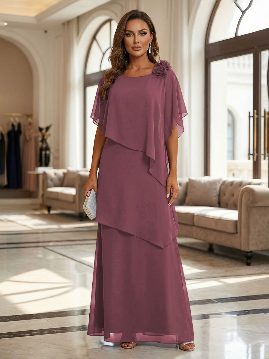 A-Line Floor-Length Chiffon Cape Sleeves Mother of the Bride & Groom Dresses with Tiered Ruffles (SHI22500723)