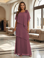 A-Line Floor-Length Chiffon Cape Sleeves Mother of the Bride & Groom Dresses with Tiered Ruffles (SHI22500723)