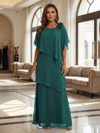 A-Line Floor-Length Chiffon Cape Sleeves Mother of the Bride & Groom Dresses with Tiered Ruffles (SHI22500723)