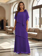A-Line Floor-Length Chiffon Cape Sleeves Mother of the Bride & Groom Dresses with Tiered Ruffles (SHI22500723)