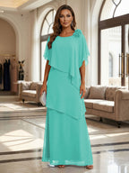 A-Line Floor-Length Chiffon Cape Sleeves Mother of the Bride & Groom Dresses with Tiered Ruffles (SHI22500723)