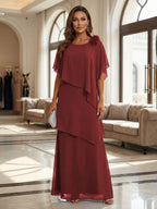 A-Line Floor-Length Chiffon Cape Sleeves Mother of the Bride & Groom Dresses with Tiered Ruffles (SHI22500723)