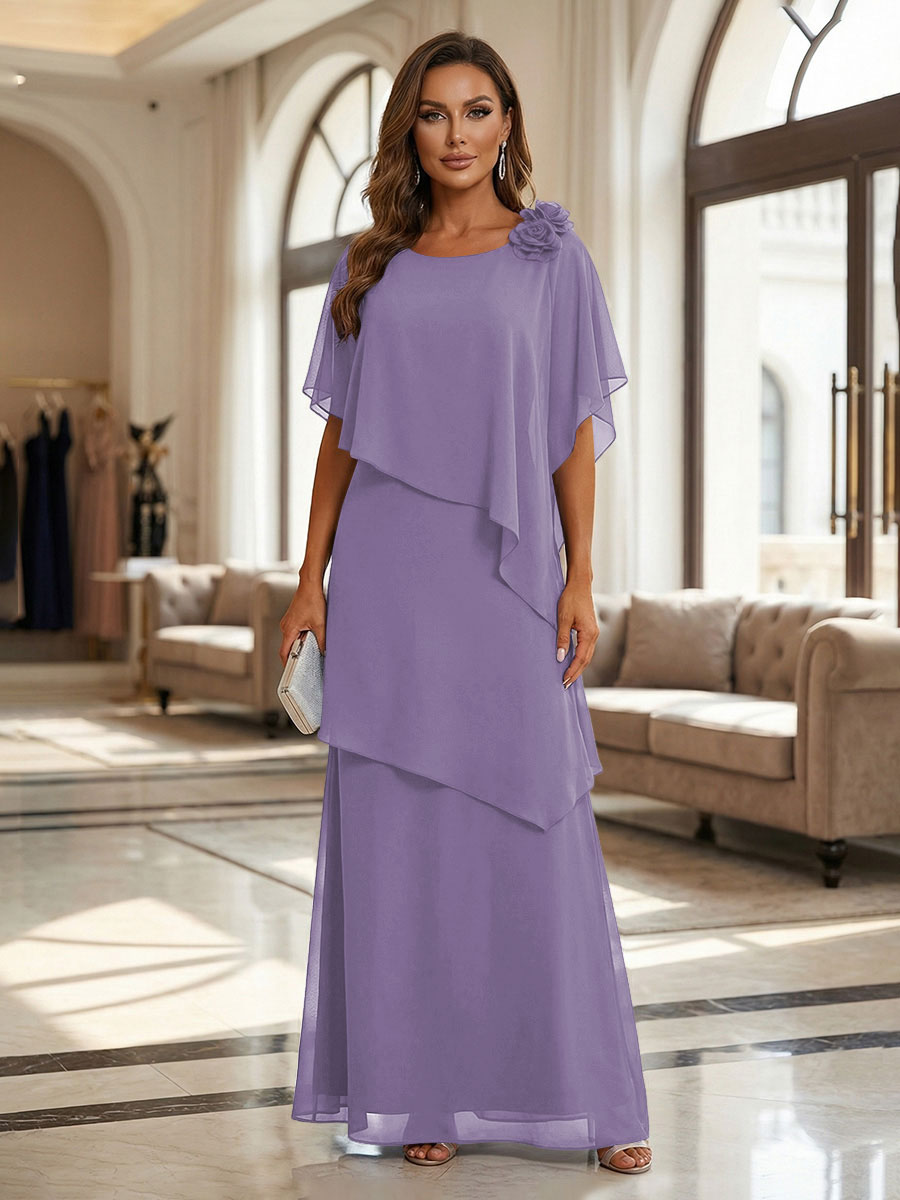 A-Line Floor-Length Chiffon Cape Sleeves Mother of the Bride & Groom Dresses with Tiered Ruffles (SHI22500723)