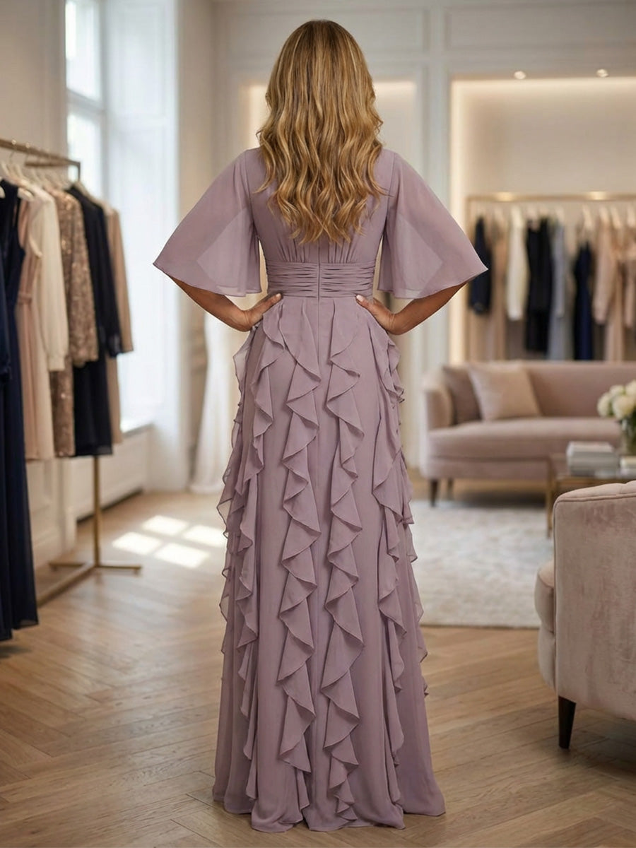 A-Line Chiffon Tiered Ruffles Mother of the Bride & Groom Dresses with Ruched Waist (SHI22500724)