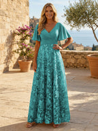 A-Line Lace Appliques Maxi Mother of the Bride & Groom Dresses with Flutter Sleeves Chiffon Bodice (SHI22500731)