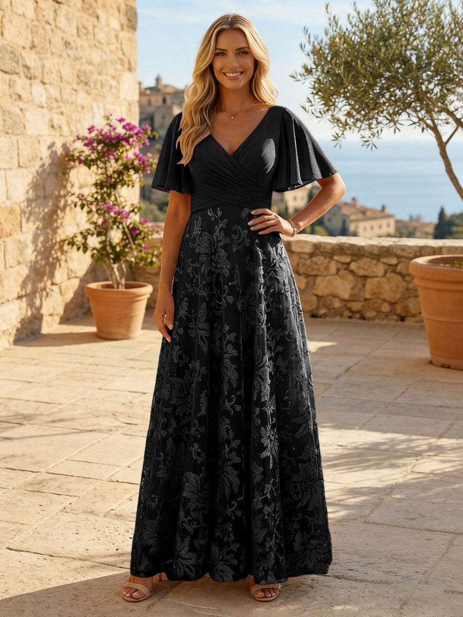 A-Line Lace Appliques Maxi Mother of the Bride & Groom Dresses with Flutter Sleeves Chiffon Bodice (SHI22500731)
