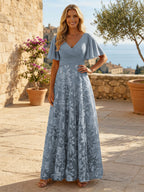 A-Line Lace Appliques Maxi Mother of the Bride & Groom Dresses with Flutter Sleeves Chiffon Bodice (SHI22500731)