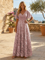 A-Line Lace Appliques Maxi Mother of the Bride & Groom Dresses with Flutter Sleeves Chiffon Bodice (SHI22500731)