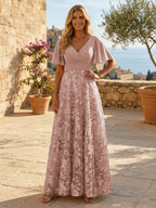 A-Line Lace Appliques Maxi Mother of the Bride & Groom Dresses with Flutter Sleeves Chiffon Bodice (SHI22500731)