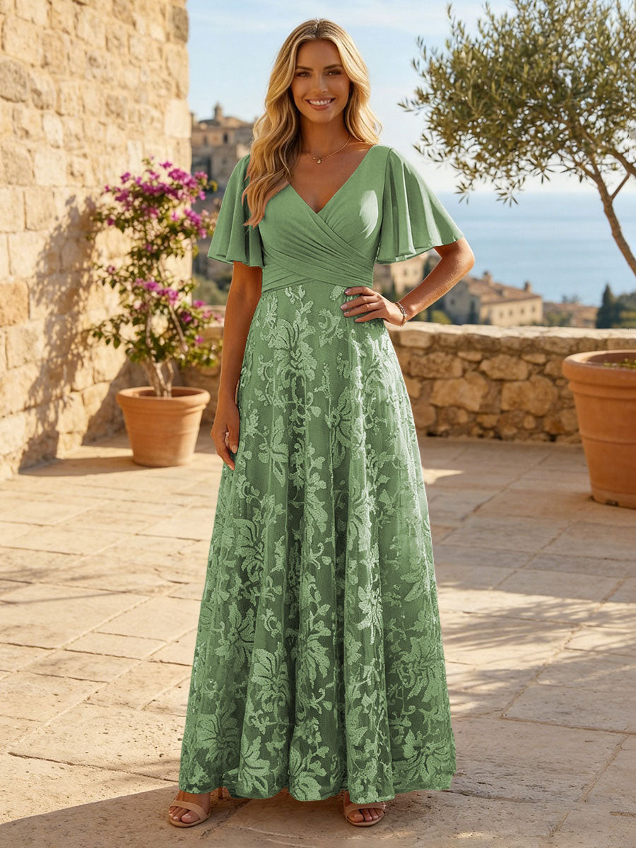 A-Line Lace Appliques Maxi Mother of the Bride & Groom Dresses with Flutter Sleeves Chiffon Bodice (SHI22500731)