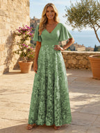 A-Line Lace Appliques Maxi Mother of the Bride & Groom Dresses with Flutter Sleeves Chiffon Bodice (SHI22500731)