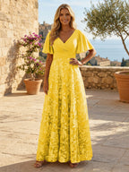 A-Line Lace Appliques Maxi Mother of the Bride & Groom Dresses with Flutter Sleeves Chiffon Bodice (SHI22500731)