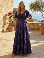 A-Line Lace Appliques Maxi Mother of the Bride & Groom Dresses with Flutter Sleeves Chiffon Bodice (SHI22500731)
