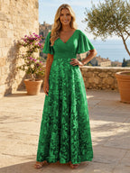 A-Line Lace Appliques Maxi Mother of the Bride & Groom Dresses with Flutter Sleeves Chiffon Bodice (SHI22500731)
