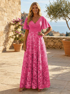 A-Line Lace Appliques Maxi Mother of the Bride & Groom Dresses with Flutter Sleeves Chiffon Bodice (SHI22500731)