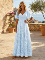 A-Line Lace Appliques Maxi Mother of the Bride & Groom Dresses with Flutter Sleeves Chiffon Bodice (SHI22500731)