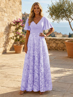 A-Line Lace Appliques Maxi Mother of the Bride & Groom Dresses with Flutter Sleeves Chiffon Bodice (SHI22500731)