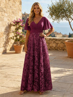 A-Line Lace Appliques Maxi Mother of the Bride & Groom Dresses with Flutter Sleeves Chiffon Bodice (SHI22500731)