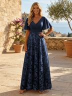 A-Line Lace Appliques Maxi Mother of the Bride & Groom Dresses with Flutter Sleeves Chiffon Bodice (SHI22500731)