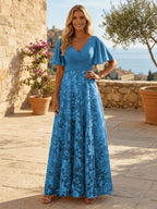 A-Line Lace Appliques Maxi Mother of the Bride & Groom Dresses with Flutter Sleeves Chiffon Bodice (SHI22500731)