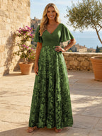 A-Line Lace Appliques Maxi Mother of the Bride & Groom Dresses with Flutter Sleeves Chiffon Bodice (SHI22500731)