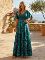 A-Line Lace Appliques Maxi Mother of the Bride & Groom Dresses with Flutter Sleeves Chiffon Bodice (SHI22500731)