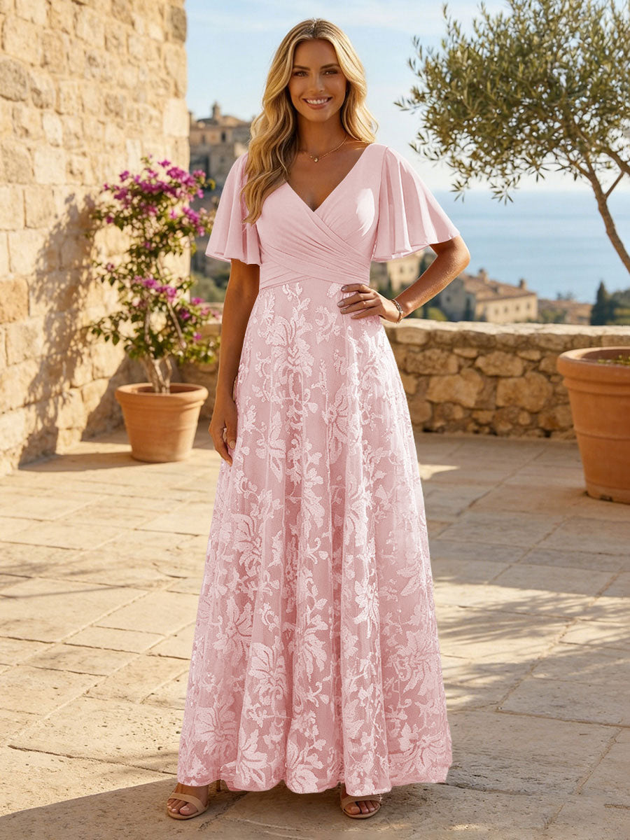 A-Line Lace Appliques Maxi Mother of the Bride & Groom Dresses with Flutter Sleeves Chiffon Bodice (SHI22500731)